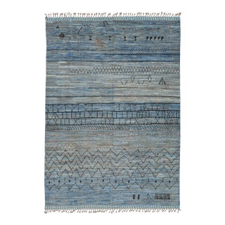 Modern Berber Blue: Hand-Woven Moroccan Style Abstract Wool Rug 9x13 For Sale