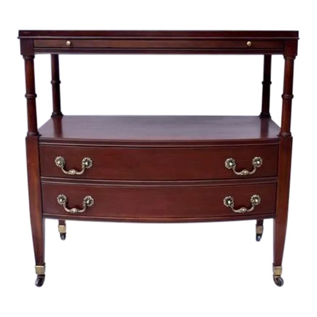 Mahogany Two Drawer Rolling Buffet Server Cart on Brass Casters For Sale