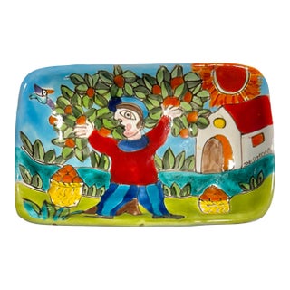 MCM Italian Hand Painted DeSimone Man With Apples Ceramic Tray Ashtray Catchall For Sale
