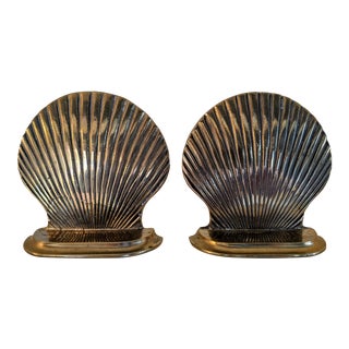 Boho Chic Hollywood Regency Brass Shell Bookends, a Pair For Sale
