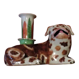 Antique 18th Century Chinese Export Porcelain Famille Rose Joss Stick or Candlestick in the Form of a Spaniel Dog Candle Holder