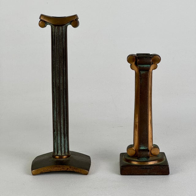 Art Nouveau Antique Pair of Solid Bronze Art Nouveau French Candlesticks in Column Design and Brass Finish For Sale - Image 3 of 13