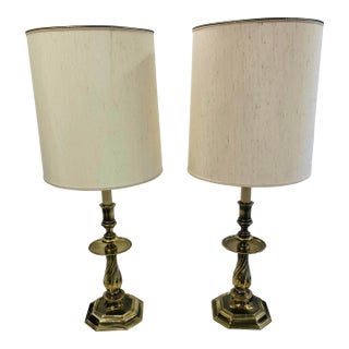 1980s Pair of Brass Candlestick Lamps Signed Stiffel For Sale