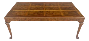 Baker Vivid Pattern Walnut Top Burl Queen An Style Caved Legs Coffee Table