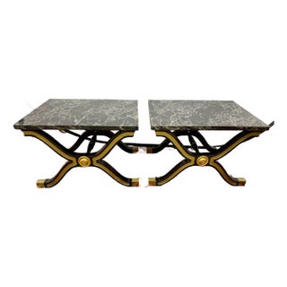 Pair of Vintage Dorothy Draper Espana Black and Gold X-Base End Tables For Sale