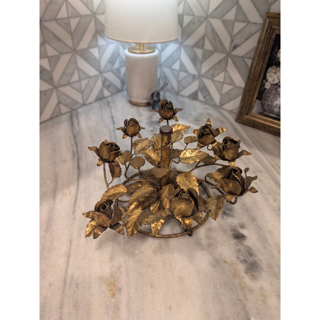 1960s Vintage Italian Tole Gold Rose Hollywood Regency Centerpiece For Sale - Image 5 of 16