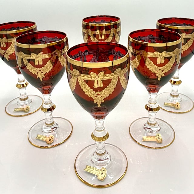 Vintage Italian Ruby Red Crystal Wine Goblets with 24k Gold Neoclassical Garlands by Interglass, 1980s, Set of 6 For Sale - Image 13 of 18