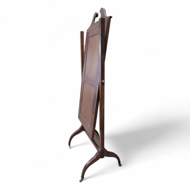 Brown Antique Victorian Mahogany Inlaid Castered Cheval Mirror With Beveled Glass For Sale - Image 8 of 9