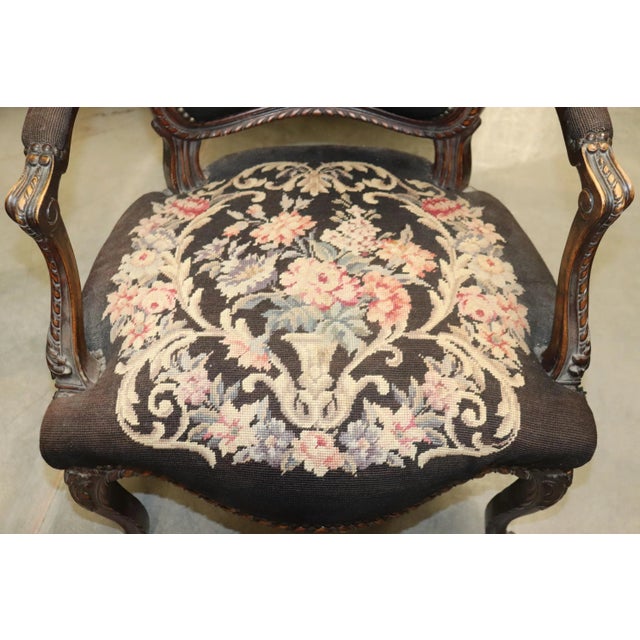 French Louis XV Brown Needlepoint Armchair Circa 1940 For Sale - Image 10 of 13