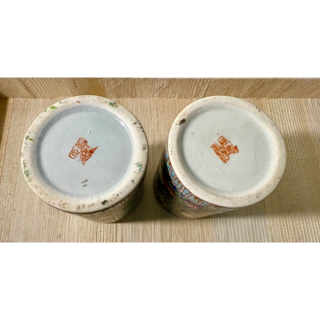 Ceramic Chinese Hand Painted Brush Pots - A Pair For Sale - Image 7 of 12
