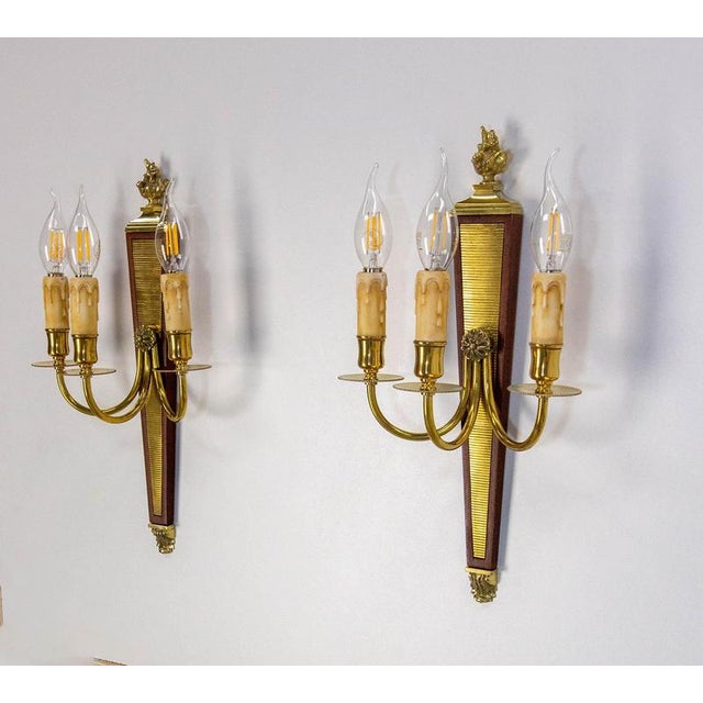 Louis XVI Triple Sconces in Brass and Iroko, 1960s, Set of 2 For Sale - Image 4 of 13