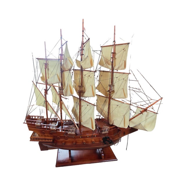 Large Handcrafted Wooden Three-Masted Sailing Ship Model With Cloth Sails For Sale - Image 6 of 12