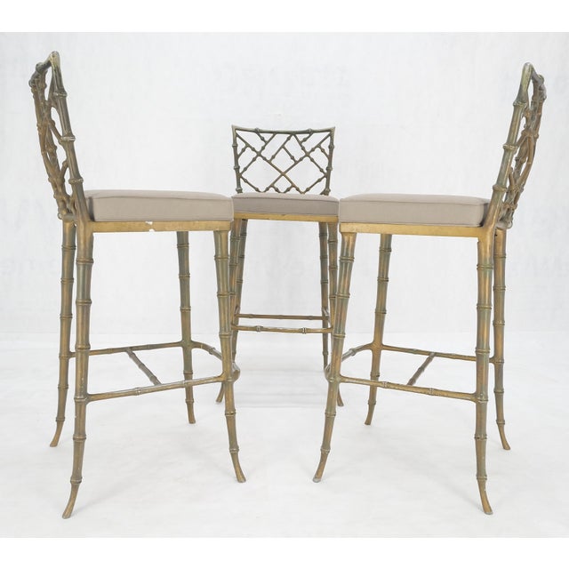 Cast Aluminum set of 3 Faux Bamboo Bar Stools New Alcantera Fabric Upholstery For Sale - Image 6 of 12