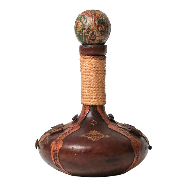 Vintage Nautical Italian Hand Tooled Leather Wrapped Decanter Bottle For Sale