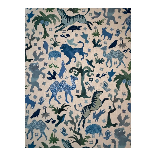 Schumacher Beasts Indoor/Outdoor Blue and Green Fabric 5 7/8 Yards For Sale