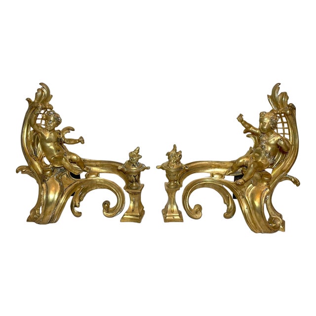 Pair 1800's Ornate Dore Bronze Figural Fireplace Andirons Cherub Putti Chenets For Sale