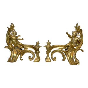 Pair 1800's Ornate Dore Bronze Figural Fireplace Andirons Cherub Putti Chenets