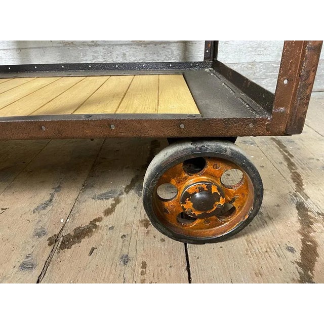 Wood Vintage Industrial Wheel Rack For Sale - Image 7 of 8