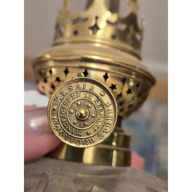Pair of Vintage Brass and Glass Oil Lamps For Sale - Image 4 of 5
