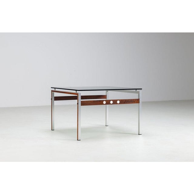 Scandinavian Coffee Table in Metal, Teak and Smoked Glass Denmark 1960 For Sale - Image 3 of 15