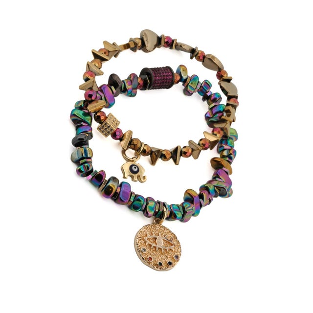 Multicolor Hematite Stone Protective Evil Eye Lucky Elephant Bracelet Set For Sale - Image 11 of 11