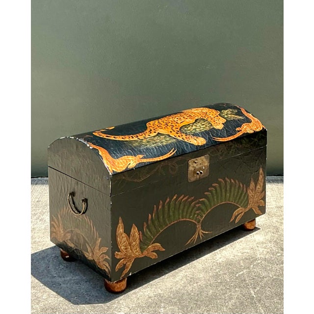 Late 20th Century Vintage Crackle Finish Lounging Tiger Trunk For Sale - Image 5 of 12