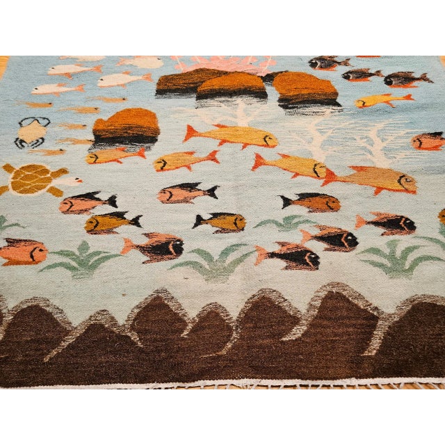 Textile Vintage Hand-Woven Kilim Rug, Ocean Scene, Mid-Century Modern, Turkey For Sale - Image 7 of 12
