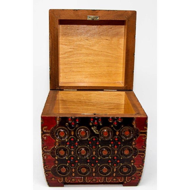 Red Hand-Carved Vintage Folk Art Wooden Tramp Art Style Storage Box For Sale - Image 8 of 12