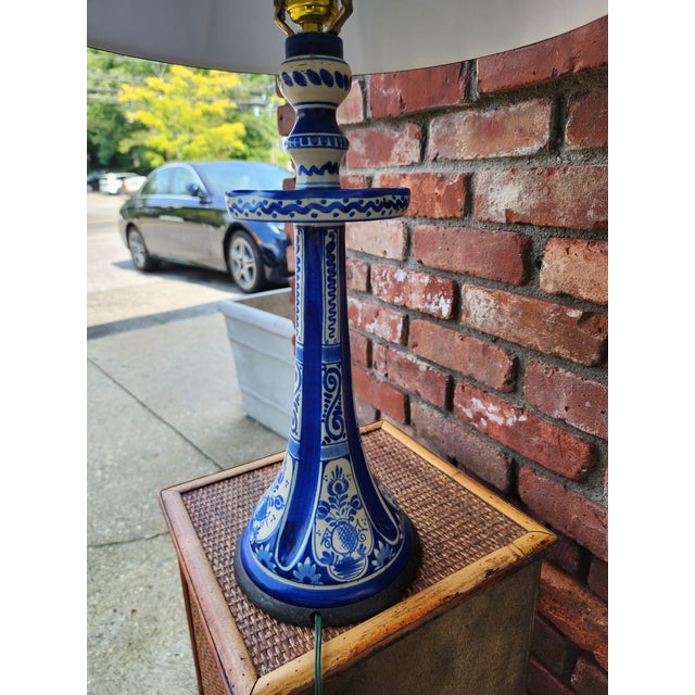 Antique Delft Candlestick Lamp With Navy Silk Shade For Sale In New York - Image 6 of 12