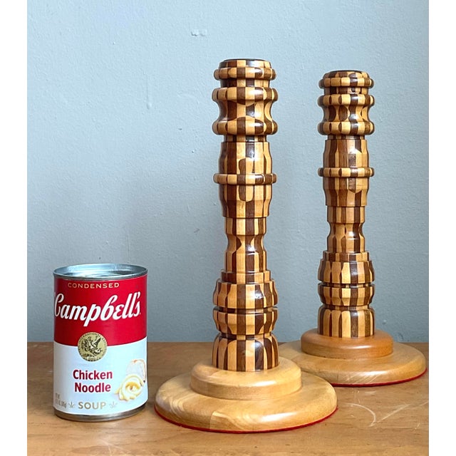 Tan Vintage Inlaid Wood Candlesticks - A Pair For Sale - Image 8 of 12