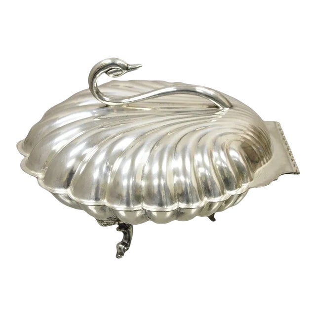 Vintage Leonard Silverplate Clam Shell Form Silver Plated Hinged Warmer With Swan Handle For Sale
