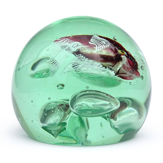Glass Murano Red Purple Gold Leaf Fish Large Bubbles Italian Art Glass Green Uv Reactive Paperweight, Cenedese Barbini For Sale - Image 7 of 9