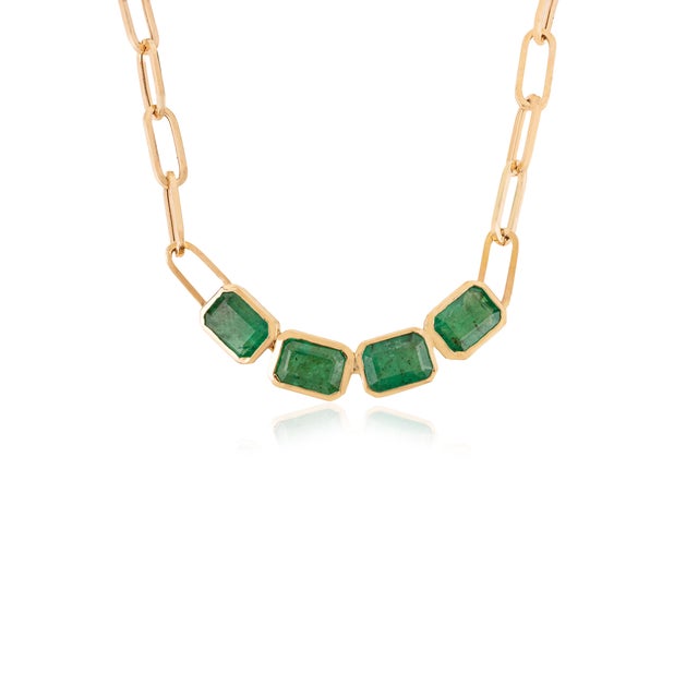 Boho Chic 18k Gold 3.22 Carat Four Deep Emerald Paperclip Chain Necklace by VRJewels- 16 Inches For Sale - Image 3 of 14