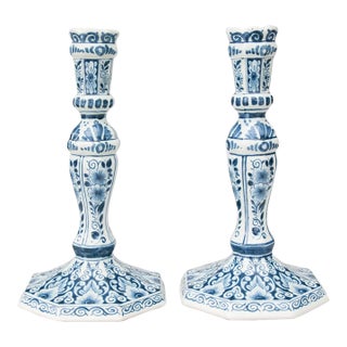 Vintage Dutch Delft Floral Candlesticks - A Pair For Sale