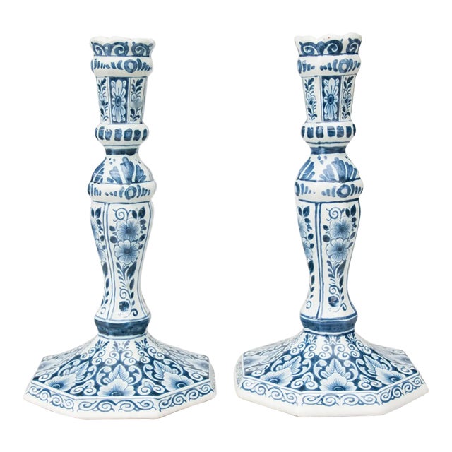 Vintage Dutch Delft Floral Candlesticks - A Pair For Sale
