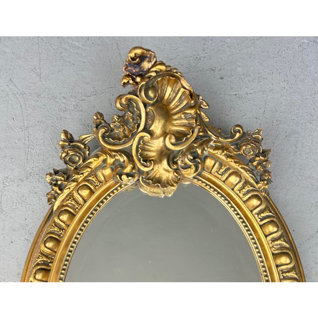 French Large Antique Louis XV Oval Giltwood Carved Beveled Mirror For Sale - Image 3 of 6
