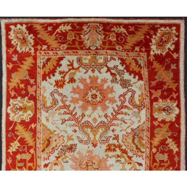 Antique Turkish Oushak With Elegant Motifs in Red, Ivory, Gold and Salmon Pink 7 X 9'8 For Sale - Image 4 of 15