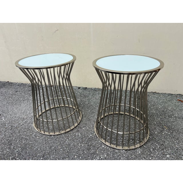 Contemporary Metal Cage Side Tables White Frosted Glass Tops For Sale - Image 3 of 10