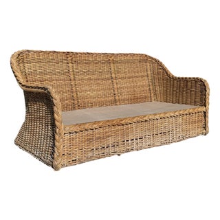 Vintage 72” Handwoven Rattan Sofa With Large Braid Trim For Sale