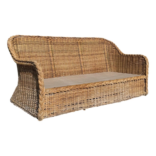 Vintage 72” Handwoven Rattan Sofa With Large Braid Trim For Sale
