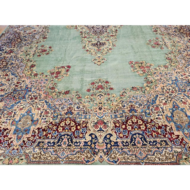 Vintage Oversized Persian Kerman Rug, Hand-Knotted Wool, Floral Pattern, Pale Green & Red, 12x16 For Sale - Image 13 of 15