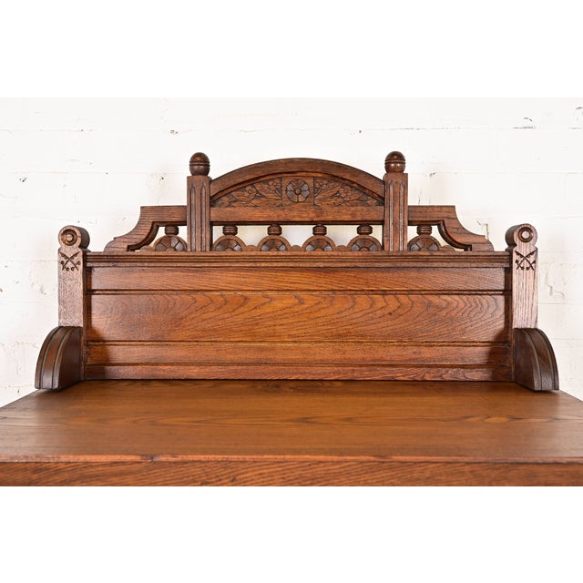 Brown Herter Brothers Style Antique Eastlake Victorian Carved Oak Triple Bookcase Cabinet, Circa 1880s For Sale - Image 8 of 12