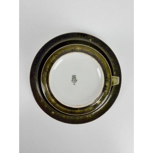 Mid-Century Scandinavian Olive Green Glazed Cups and Saucers, 1970s, Set of 12 For Sale - Image 12 of 18
