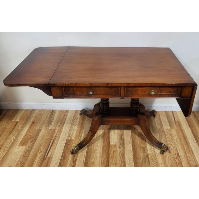 19th C English Regency Carved Brass Inlaid Rosewood Drop Leaf Sofa Table Desk For Sale - Image 4 of 18