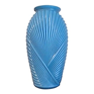 1980s Art Deco Revival French Blue Satin Draped Anchor Hocking Glass Vase For Sale