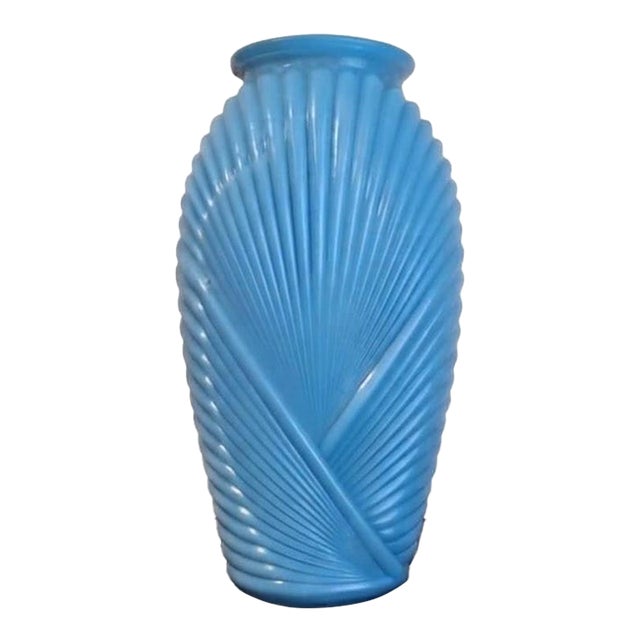 1980s Art Deco Revival French Blue Satin Draped Anchor Hocking Glass Vase For Sale