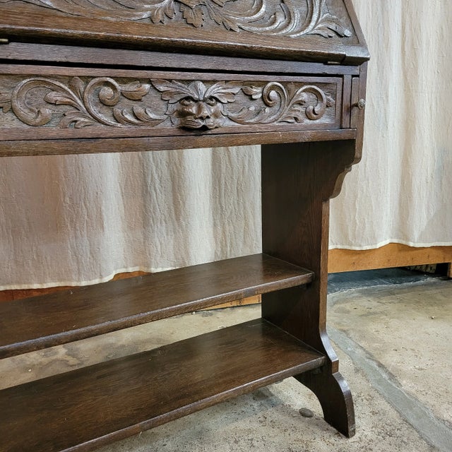 English Antique Oak Carved Bureau Secretaire Bookcase For Sale - Image 12 of 12