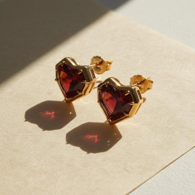 Geometric Heart Garnet Stud Earrings, Silver, Gold, Pair For Sale - Image 6 of 8