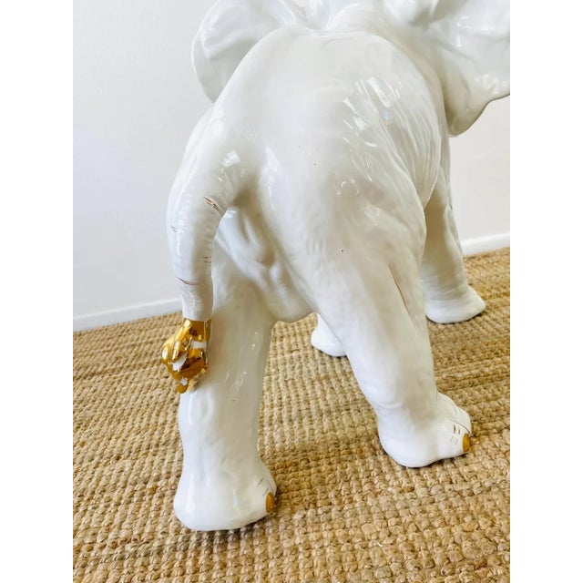 Vintage 1980s Huge White & Gold Ceramic Statue With Trunk Up / Blanc De Chine For Sale - Image 9 of 10