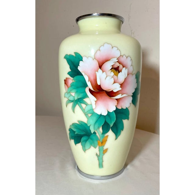 Vintage Signed Japanese Handmade Yellow Enamel Silver Floral Cloisonné Vase Urn For Sale - Image 10 of 12